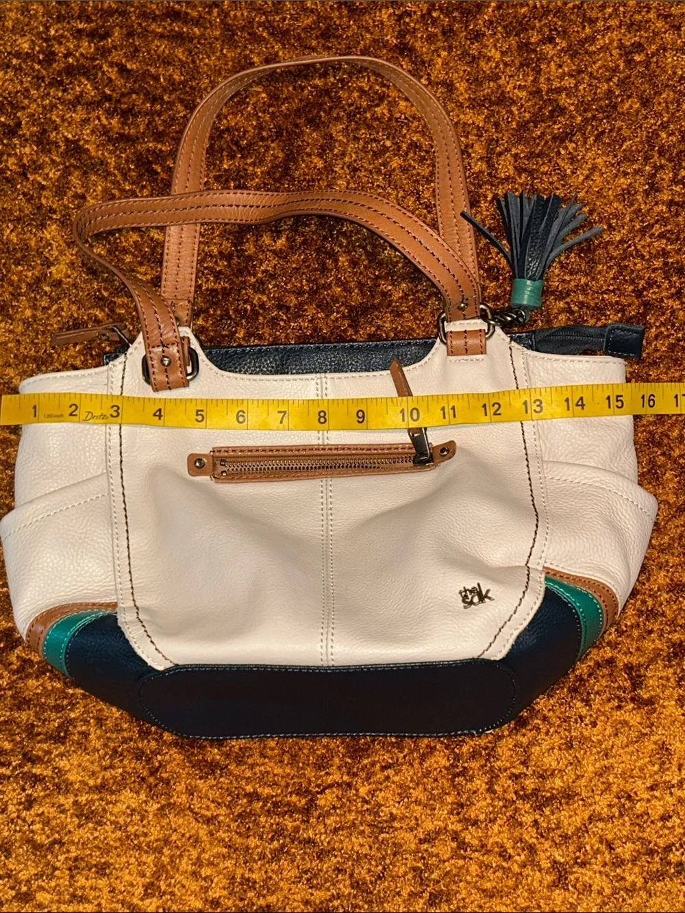 The Sak Cream, Navy & Teal Colorblock Shoulder Bag with Tan Handles